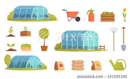Greenhouse equipment. Farming elements, different tools, soil packaging, plants in pots. Different agriculture cartoon elements, glass buildings, sapid vector set Greenhouse equipment. Farming elements, different tools, soil packaging, plants in pots. Different agriculture cartoon elements, glass buildings, sapid vector set 141595100