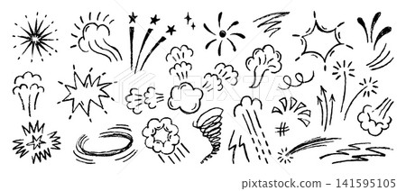 Crayon comic expressions. Pencil drawing stylish explosions, fod smoke steam effects. Isolated abstract elements, lines and stars, neoteric vector clipart Crayon comic expressions. Pencil drawing stylish explosions, fod smoke steam effects. Isolated abstract elements, lines and stars, neoteric vector clipart 141595105