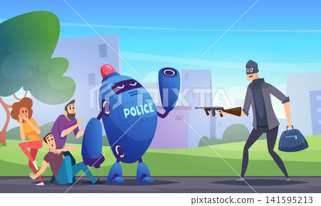 Police robot mascot protecting scared couple from armed robber vector illustration Police robot mascot protecting scared couple from armed robber vector illustration 141595213