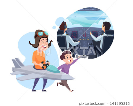Kids dreaming of becoming pilots with toy airplane vector illustration Kids dreaming of becoming pilots with toy airplane vector illustration 141595215