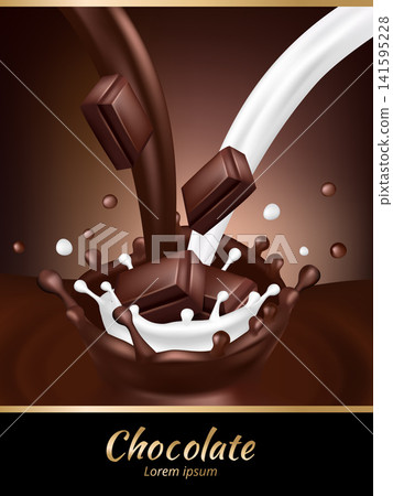 Chocolate and milk splash with cocoa pieces vector poster 141595228