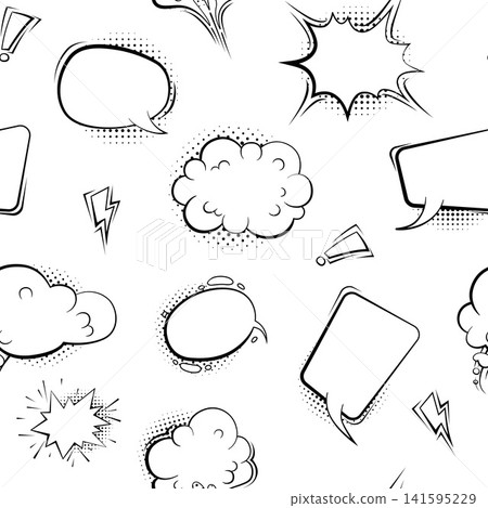 Black and white comic speech bubbles and lightning bolts seamless vector pattern Black and white comic speech bubbles and lightning bolts seamless vector pattern 141595229