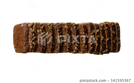 pieces wholemeal rye bread with sunflower seeds , isolated on white background.Top view. pieces wholemeal rye bread with sunflower seeds , isolated on white background.Top view. 141595367