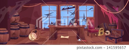 Messy cartoon captain cabin. Abandoned pirate ship, room with cartoon damaged furniture. Wooden barrels, desk and chair, broken windows, nowaday vector scene Messy cartoon captain cabin. Abandoned pirate ship, room with cartoon damaged furniture. Wooden barrels, desk and chair, broken windows, nowaday vector scene 141595657
