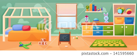 Toddler bedroom interior. Cozy room for little child with cartoon furniture and toys. Bed, chalkboard for drawing, shelf with different boxes, nowaday vector scene Toddler bedroom interior. Cozy room for little child with cartoon furniture and toys. Bed, chalkboard for drawing, shelf with different boxes, nowaday vector scene 141595660