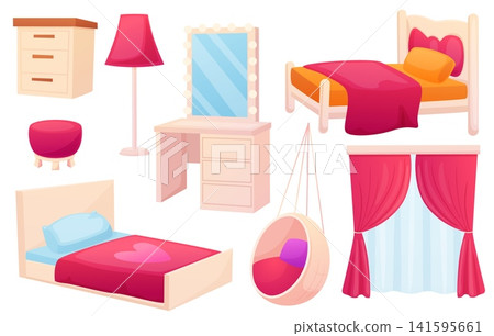 Girl bedroom elements. Chest of drawers with mirror, cozy beds, floor lamp and stylish egg chair with pillow. Little princess cartoon room furniture, nowaday vector set Girl bedroom elements. Chest of drawers with mirror, cozy beds, floor lamp and stylish egg chair with pillow. Little princess cartoon room furniture, nowaday vector set 141595661