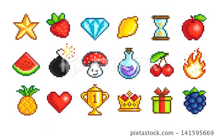 Pixel game colorful icons. Pixelated art different elements, 8 bit arcade symbols. Mushroom, bomb, golden star and trophy, timer and diamond, tidy vector set Pixel game colorful icons. Pixelated art different elements, 8 bit arcade symbols. Mushroom, bomb, golden star and trophy, timer and diamond, tidy vector set 141595669