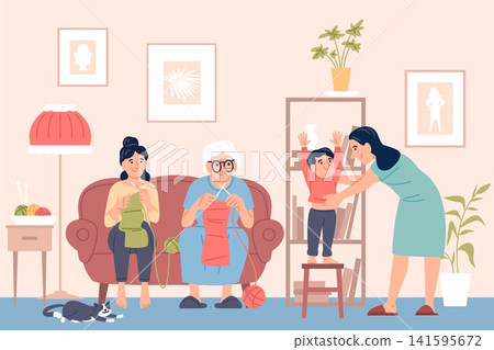 Family evening knitting. Free time with family with wool, knitted process. Child tries on new sweater from grandmother. Handmade hobby, recent vector scene Family evening knitting. Free time with family with wool, knitted process. Child tries on new sweater from grandmother. Handmade hobby, recent vector scene 141595672