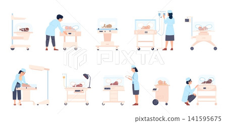 Neonatal care. Nurses and doctors doing check up for newborn babies in special incubators. Special medical care and support in hospital, recent vector set Neonatal care. Nurses and doctors doing check up for newborn babies in special incubators. Special medical care and support in hospital, recent vector set 141595675