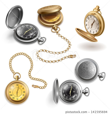 Pocket clocks realistic. Antique watch gold chain, vintage roman numeral hand time luxury round dial wrist stopwatch timer arrow hour historic model 3d garish vector illustration Pocket clocks realistic. Antique watch gold chain, vintage roman numeral hand time luxury round dial wrist stopwatch timer arrow hour historic model 3d garish vector illustration 141595694