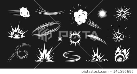Comic impact effect. Explosive pow, cartoon burst blast boom bang crash fire smoke cloud strike hit energy flash power motion speed force dynamic qualitative vector illustration Comic impact effect. Explosive pow, cartoon burst blast boom bang crash fire smoke cloud strike hit energy flash power motion speed force dynamic qualitative vector illustration 141595695