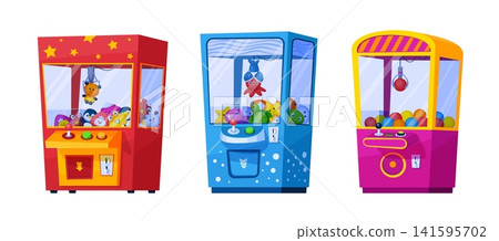 Claw machine. Grabber vending machines with crane grab toy catcher joystick handle, arcade kid game plush doll prize luck winner amusement cartoon qualitative vector illustration Claw machine. Grabber vending machines with crane grab toy catcher joystick handle, arcade kid game plush doll prize luck winner amusement cartoon qualitative vector illustration 141595702