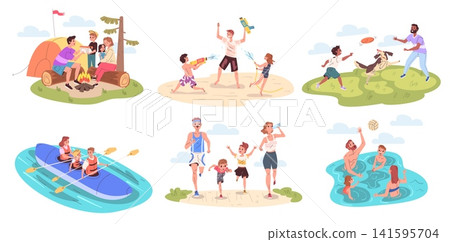 Parents outdoor activities. Family spend summer time together, kids mom dad fun play frisbee dog forest camp weekend healthy swim active recreation set classy vector illustration Parents outdoor activities. Family spend summer time together, kids mom dad fun play frisbee dog forest camp weekend healthy swim active recreation set classy vector illustration 141595704