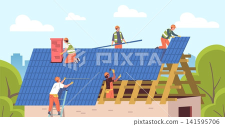 Builders fixing roof. Roofer worker house repair, home construction builder work building renovation shingle fix hammer tool installer wood exterior work classy vector illustration Builders fixing roof. Roofer worker house repair, home construction builder work building renovation shingle fix hammer tool installer wood exterior work classy vector illustration 141595706