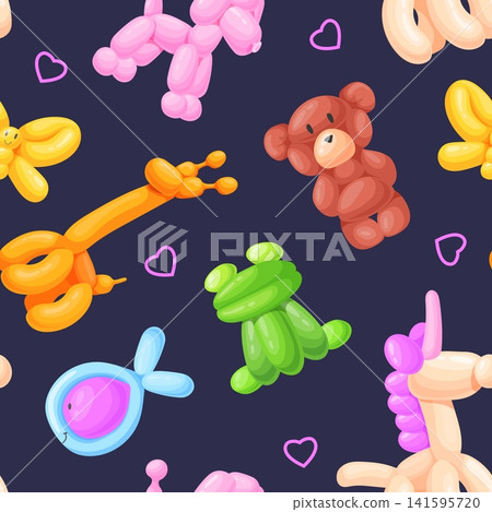 Balloon animal pattern. Child birthday party seamless texture, balloons animals funny background cute dog shape inflatable sculpture fun frog bear cartoon neat vector illustration Balloon animal pattern. Child birthday party seamless texture, balloons animals funny background cute dog shape inflatable sculpture fun frog bear cartoon neat vector illustration 141595720