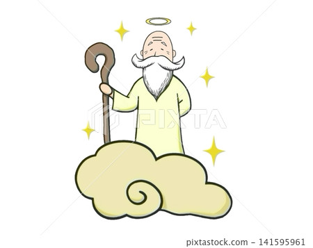 An illustration of a god riding on a cloud and holding a staff. An illustration of a god riding on a cloud and holding a staff. 141595961