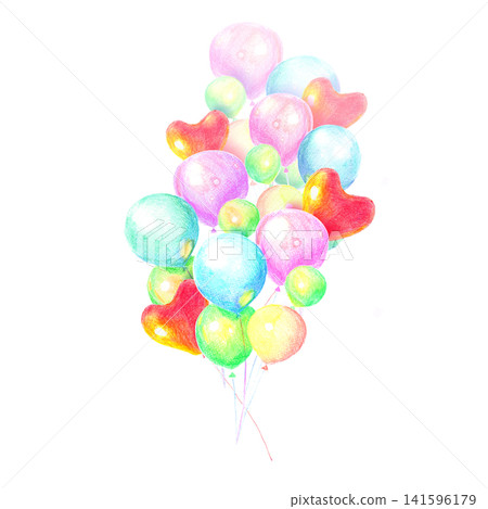 Colorful balloon bunch illustration. Hand drawn watercolor and colored pencil design for birthday invitations, greeting cards, and festive party decor. Colorful balloon bunch illustration. Hand drawn watercolor and colored pencil design for birthday invitations, greeting cards, and festive party decor. 141596179