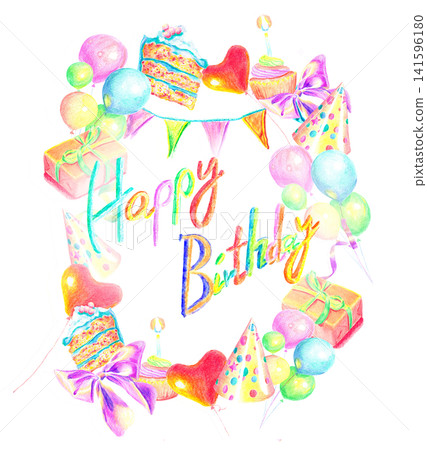 Happy Birthday card design template. Hand drawn watercolor and colored pencil illustration for birthday invitations, printable greeting cards, and festive party announcements. Happy Birthday card design template. Hand drawn watercolor and colored pencil illustration for birthday invitations, printable greeting cards, and festive party announcements. 141596180