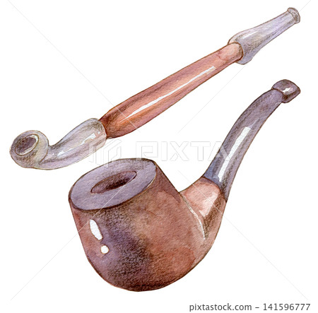 Watercolor illustration, hand-drawn illustration: Kiseru (Japanese pipe) and pipe tobacco. Watercolor illustration, hand-drawn illustration: Kiseru (Japanese pipe) and pipe tobacco. 141596777