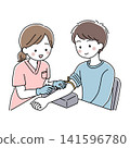 Vector illustration of a man having his blood drawn by a female nurse. 141596780