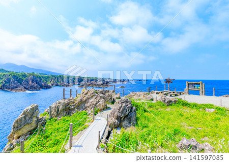 新潟縣佐渡市佐渡島尖閣灣上島遊樂園的初夏景色 新潟縣佐渡市佐渡島尖閣灣上島遊樂園的初夏景色 141597085