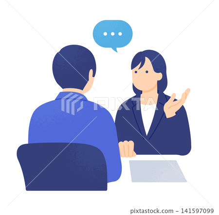 A female sales representative and a male client are seen from behind, conducting business negotiations and consultations across a desk. A female sales representative and a male client are seen from behind, conducting business negotiations and consultations across a desk. 141597099