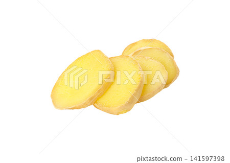 Fresh ginger slices ready for meals, isolated, PNG 141597398