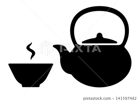 A simple vector illustration of a steaming iron kettle and teacup. A simple vector illustration of a steaming iron kettle and teacup. 141597482