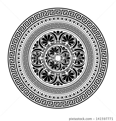Greek circle ornament. Pattern of Greece, ancient Rome. Round antique border from Greek. Greek meander. Circle european border. Typical egyptian, assyrian, greek motives. Plate, porcelain, ceramic Greek circle ornament. Pattern of Greece, ancient Rome. Round antique border from Greek. Greek meander. Circle european border. Typical egyptian, assyrian, greek motives. Plate, porcelain, ceramic 141597771