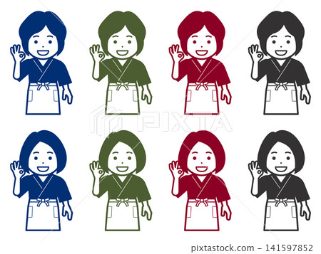[純色] [不同髮型] 穿著三衣（日本傳統工作服）和圍裙的女性圖標，做出 OK 手勢。 141597852