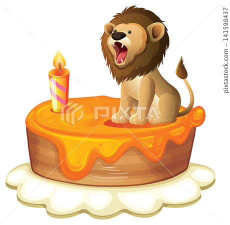 Cartoon Lion Character Sitting on a Glazed Birthday Cake 141598437