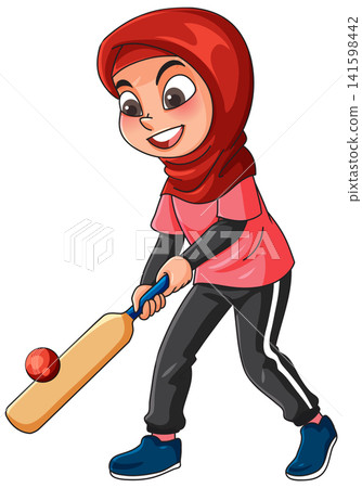 Young Muslim Girl in Hijab Playing Cricket with Bat and Ball Young Muslim Girl in Hijab Playing Cricket with Bat and Ball 141598442