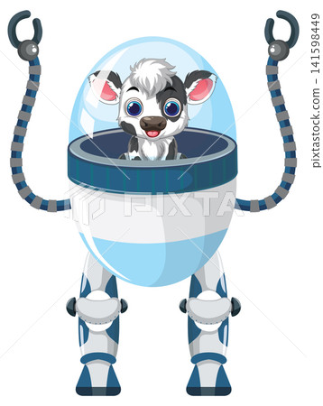 Cute Cartoon Cow Pilot Operating a Futuristic Bipedal Robot Suit 141598449
