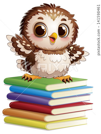 Cute Cartoon Owlet Character Perched on a Stack of Colorful Books Cute Cartoon Owlet Character Perched on a Stack of Colorful Books 141598461