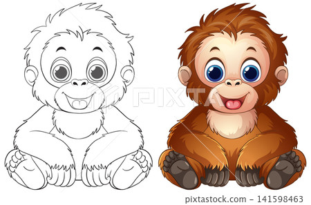 Cute Baby Orangutan Vector Illustration in Color and Line Art Cute Baby Orangutan Vector Illustration in Color and Line Art 141598463