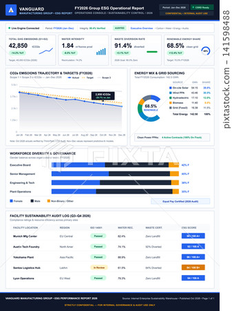 Corporate ESG Sustainability Dashboard with Environmental and Social Governance Metrics Corporate ESG Sustainability Dashboard with Environmental and Social Governance Metrics 141598488
