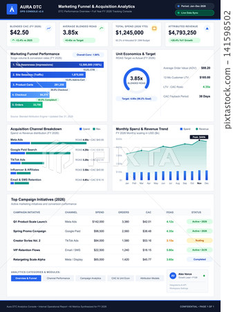 Digital Marketing Funnel and Customer Acquisition Analytics Dashboard Illustration Digital Marketing Funnel and Customer Acquisition Analytics Dashboard Illustration 141598502