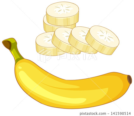 Vector Illustration of Whole Yellow Banana and Sliced Fruit Pieces Vector Illustration of Whole Yellow Banana and Sliced Fruit Pieces 141598514