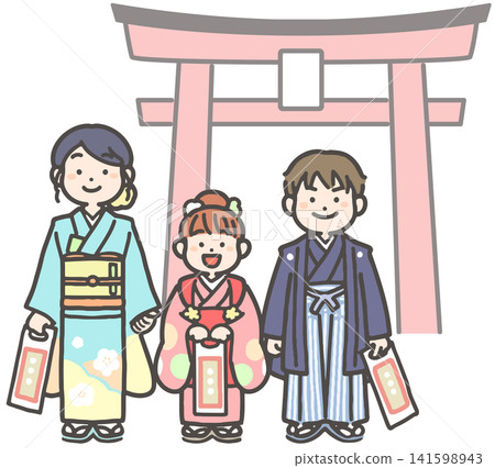 3歲、5歲和7歲的兒童穿著袴或振袖和服參加七五三節(日本兒童的傳統成年禮)。 3歲、5歲和7歲的兒童穿著袴或振袖和服參加七五三節(日本兒童的傳統成年禮)。 141598943