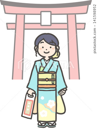 A 7-year-old child wearing a furisode kimono for a Shichi-Go-San (7-5-3) shrine visit. A 7-year-old child wearing a furisode kimono for a Shichi-Go-San (7-5-3) shrine visit. 141598952