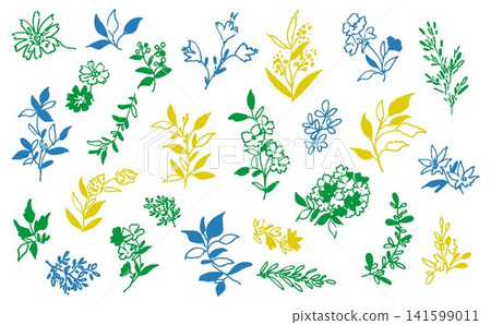 一套風格時尚的手繪線條植物插圖。簡潔的花卉植物剪貼畫。 一套風格時尚的手繪線條植物插圖。簡潔的花卉植物剪貼畫。 141599011