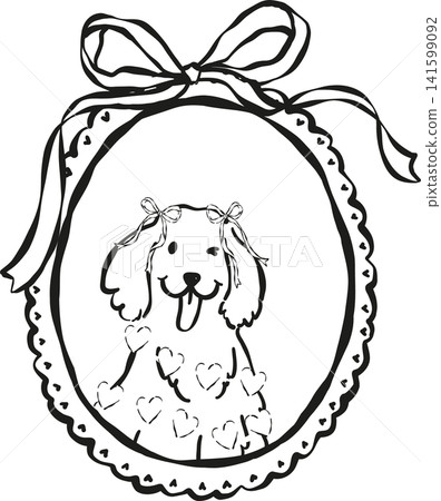 Cute Valentine Dog in Oval Frame Golden Retriever Outline with Hearts Whimsical Hand Drawn 141599092