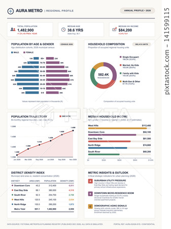 Regional Demographic Profile Infographic with Population and Economic Data Charts Regional Demographic Profile Infographic with Population and Economic Data Charts 141599115