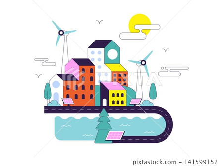World Habitat Day Illustration Featuring Sustainable Urban Development, Eco Friendly Communities, Green Cities, Renewable Energy, and Modern Living 141599152