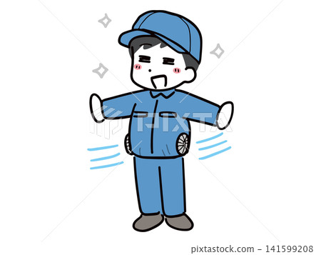 A young man wearing a fan-equipped work suit, looking cool and refreshed (full body, vector). A young man wearing a fan-equipped work suit, looking cool and refreshed (full body, vector). 141599208