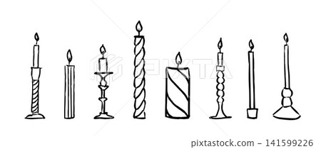 Crayon hand drawn sketched candle set. Black rough doodled burning candles collection. Scribbled candlestick and candelabra bundle for greeting card, birthday, Christmas, easter decoration. Vector Crayon hand drawn sketched candle set. Black rough doodled burning candles collection. Scribbled candlestick and candelabra bundle for greeting card, birthday, Christmas, easter decoration. Vector 141599226