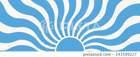 Light blue groovy boho sun burst background. Retro radial sunshine beam backdrop. Abstract summer wavy ray wallpaper. Sunrise or sunset patten for creative poster, vibrant banner, trendy flyer. Vector Light blue groovy boho sun burst background. Retro radial sunshine beam backdrop. Abstract summer wavy ray wallpaper. Sunrise or sunset patten for creative poster, vibrant banner, trendy flyer. Vector 141599227