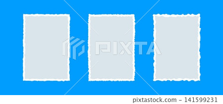 A4 rectangle and square torn paper sheet set. Light grey jagged edge paper frame collection. Ripped page template background for poster, text box, banner, collage, sticker. Vector blank craft backdrop 141599231