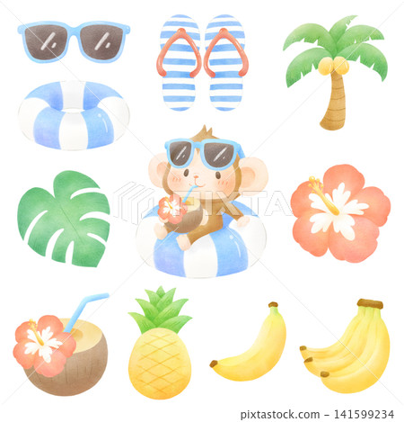 一組以猴子和熱帶夏季為主題的手繪插圖。 一組以猴子和熱帶夏季為主題的手繪插圖。 141599234