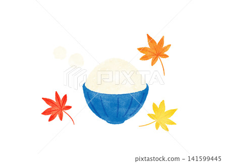 Watercolor illustration of a rice bowl and maple leaves; autumn flavors and new rice Watercolor illustration of a rice bowl and maple leaves; autumn flavors and new rice 141599445